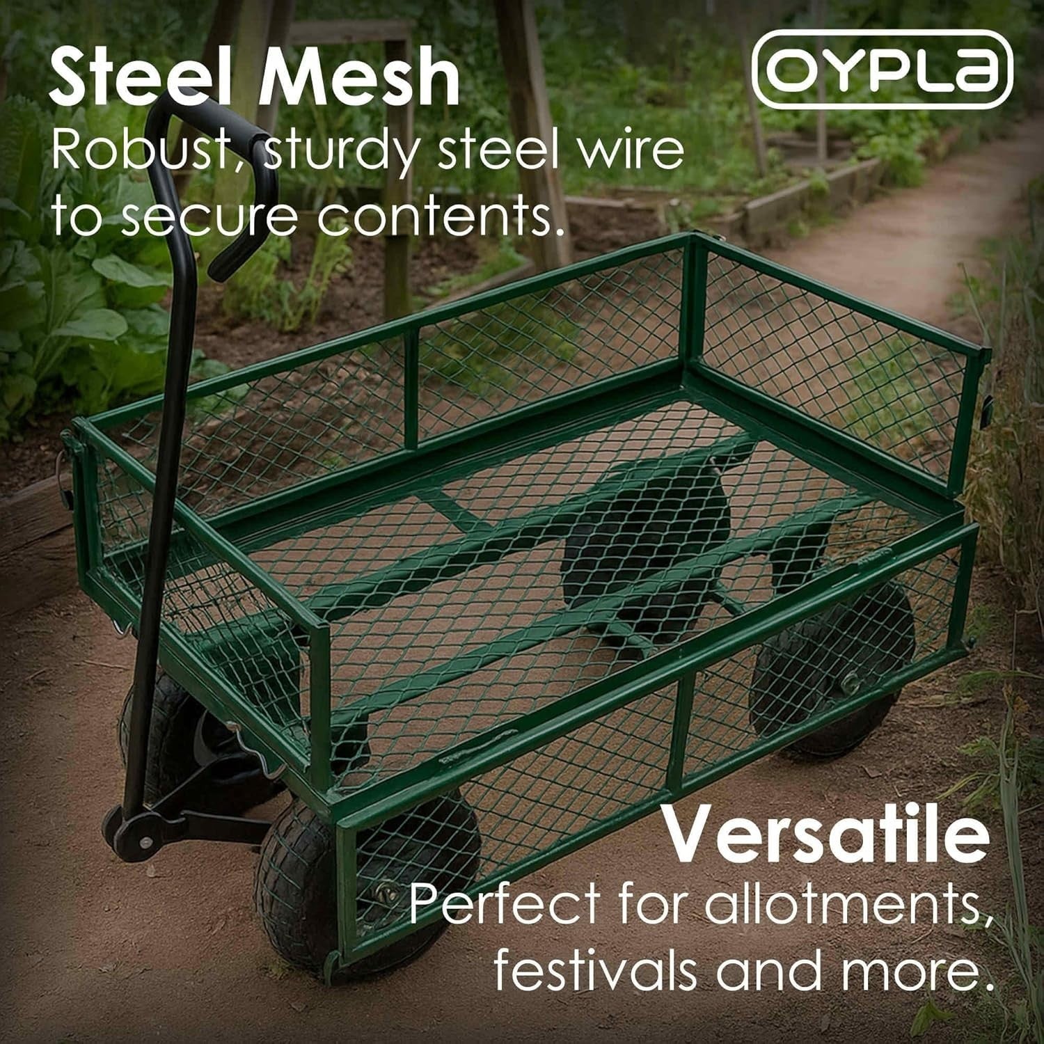 Heavy Duty Metal Garden Trolley Cart Green Mesh Wagon 400kg Capacity All Terrain
