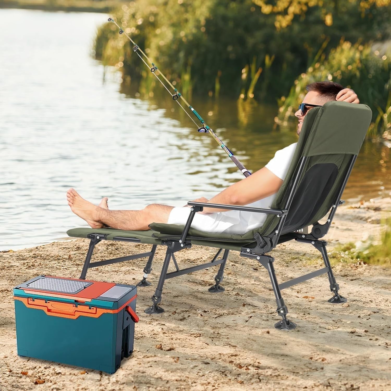 Reclining Fishing Camping Chair w/ Footrest, Padded, Foldable, 160kg Max
