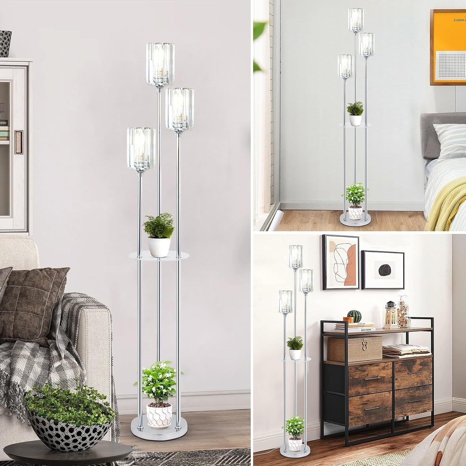 3-Light Modern Floor Lamp with Shelves | Crystal Shades | Chrome Finish
