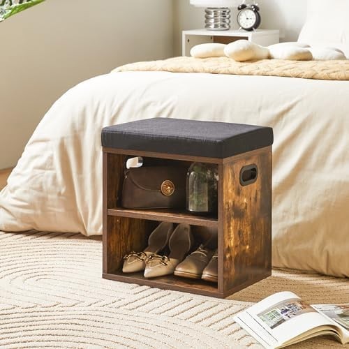 Rustic 2 Tier Shoe Bench with Cushion Adjustable Storage Seat for Entryway