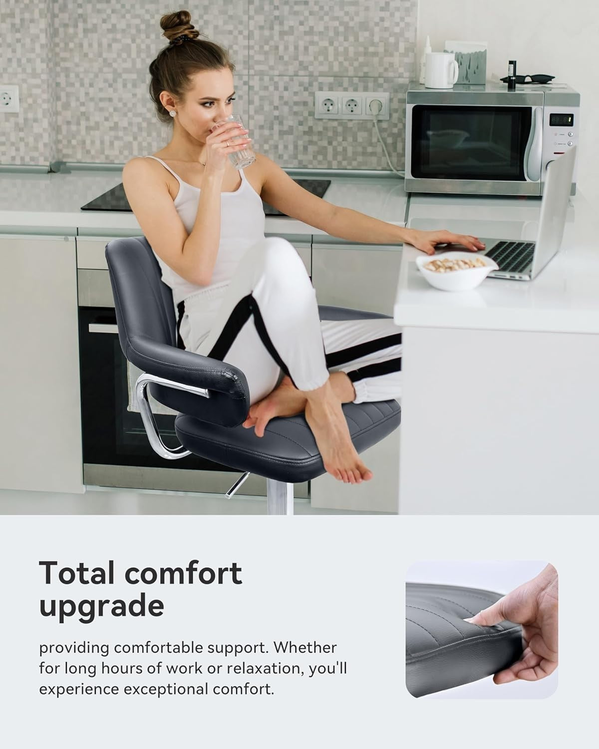 Grey Swivel Bar Stool Faux Leather Padded Chrome Frame