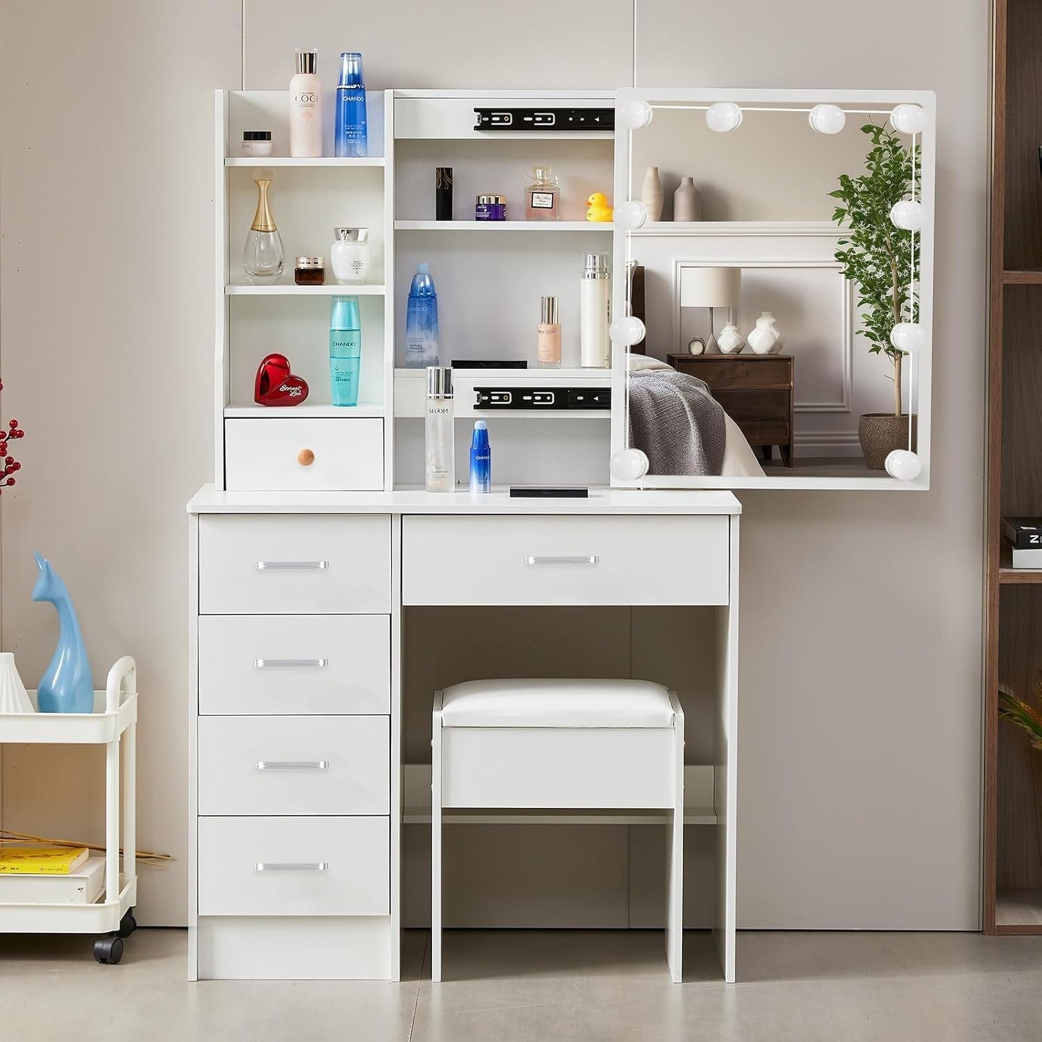 Vanity Makeup Dressing Table with 3-Color LED Mirror, 6 Drawers & Stool White