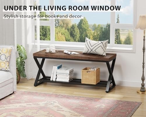 Rustic Brown Industrial Entryway Shoe Storage Bench Metal Frame Seat 99x36x46cm