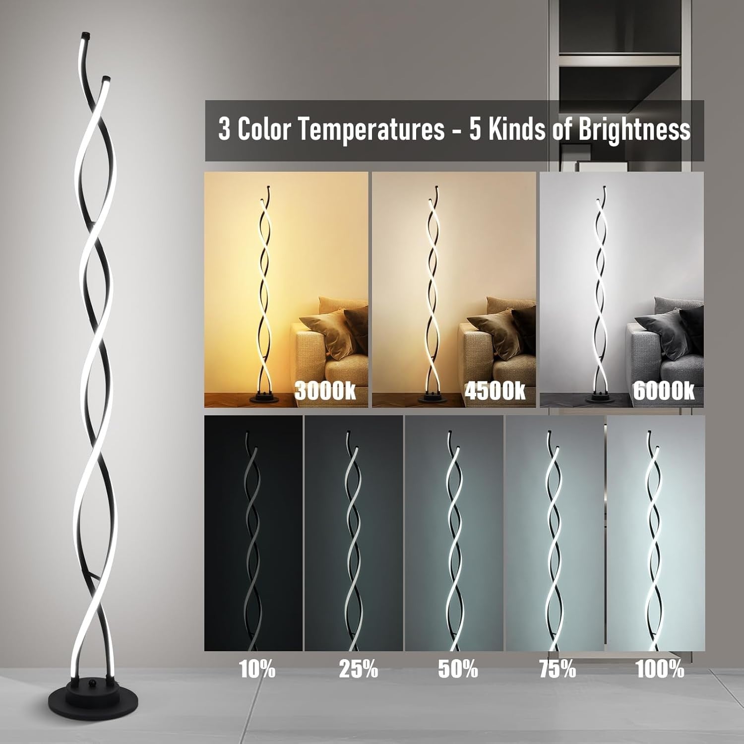 LED Floor Lamp with Remote, 3 Color Temps & 5 Brightness Levels, 55” Tall