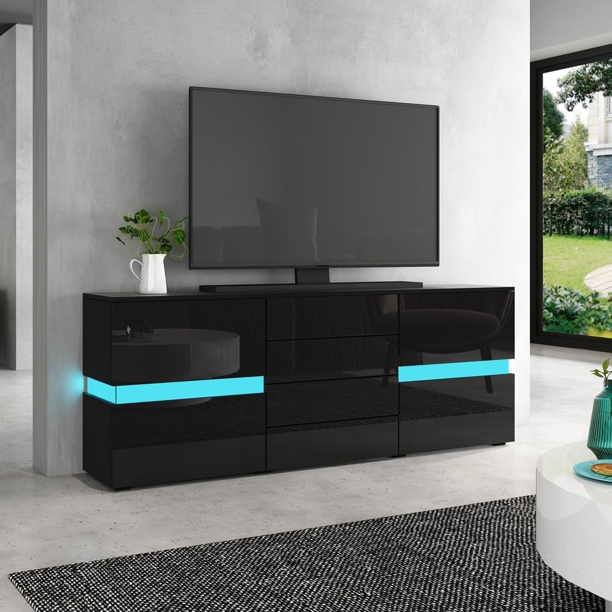 Black LED Sideboard Cabinet High Gloss 2 Door 4 Drawer Storage Unit