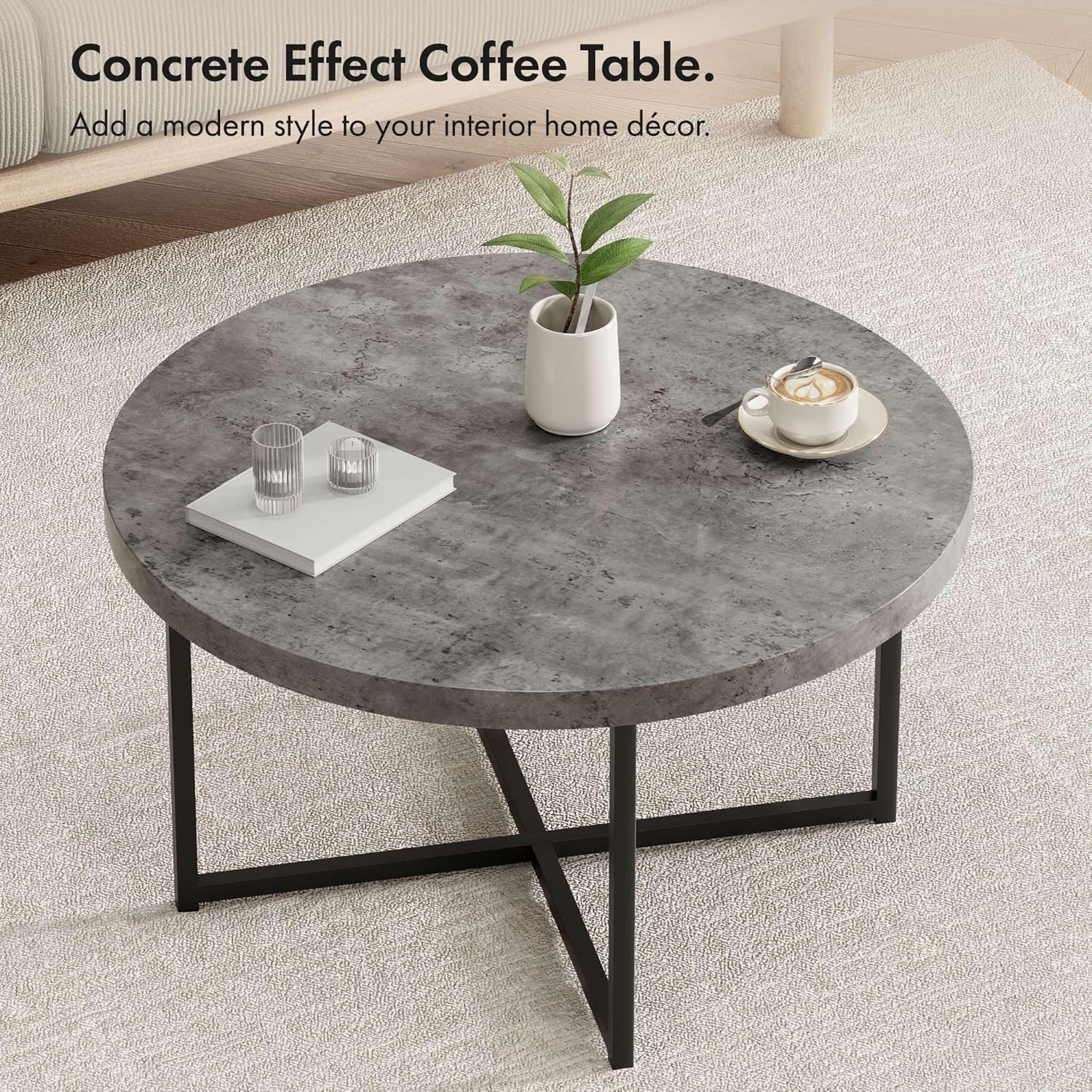 Round Grey Concrete Look Coffee Table 80cm Modern Metal Legs Lounge Table