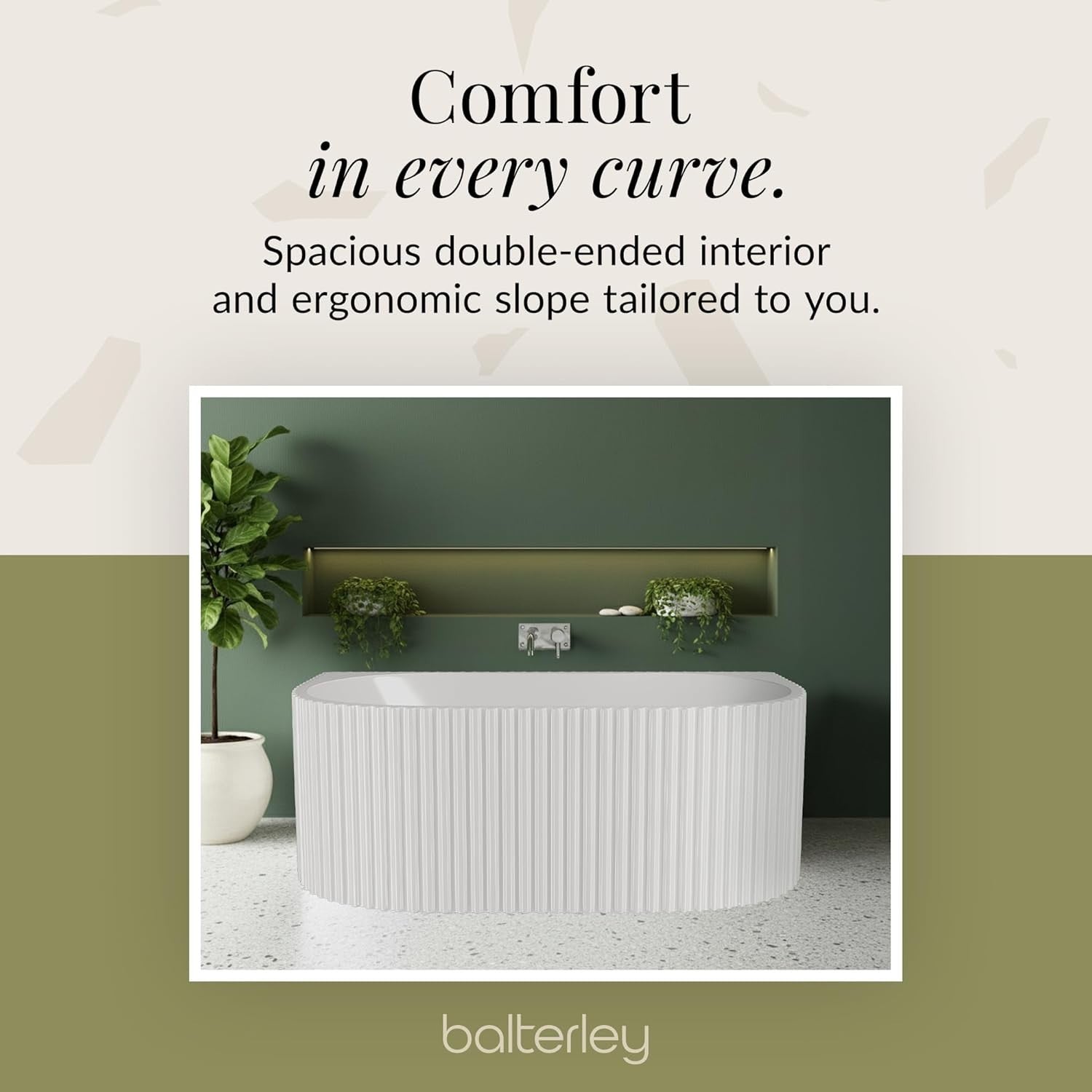 1600x780mm Oval Back-to-Wall Acrylic Bath White Fluted Soaking Tub