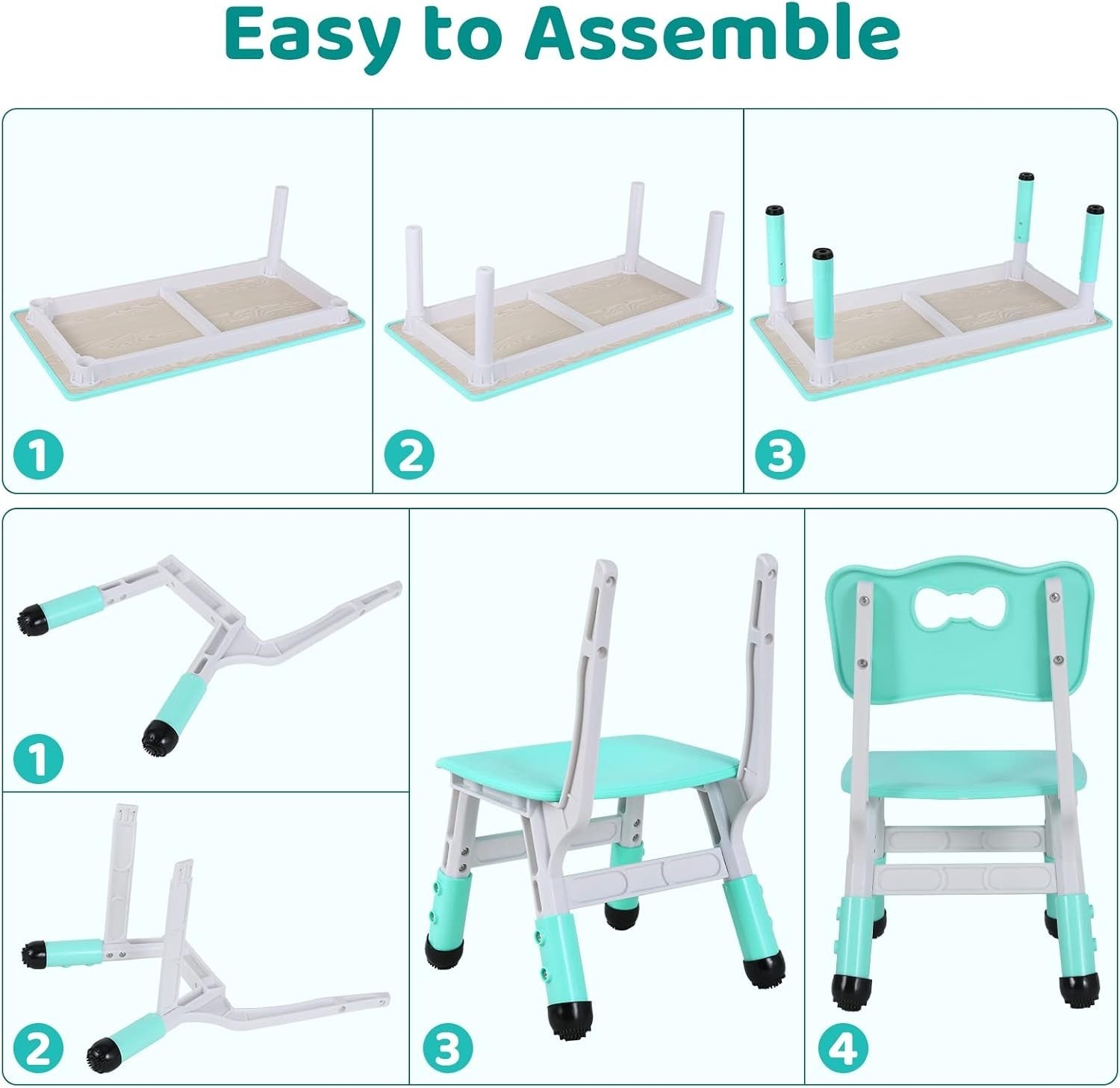 Adjustable Kids Table & 4 Chairs Set Durable Plastic Furniture Mint Green