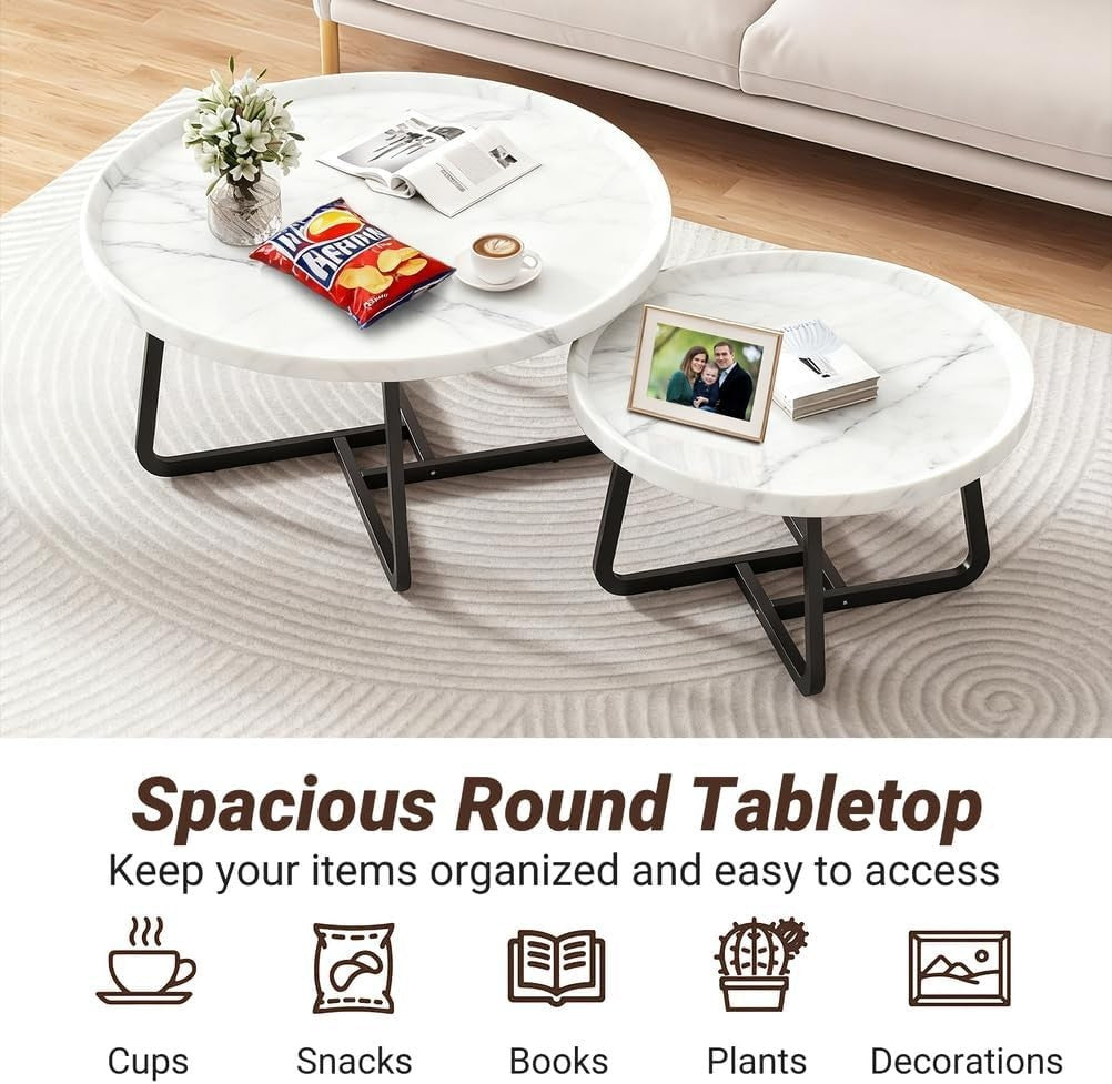 Square Coffee Table Set of 2 White Nesting Side Tables Carbon Steel Frame