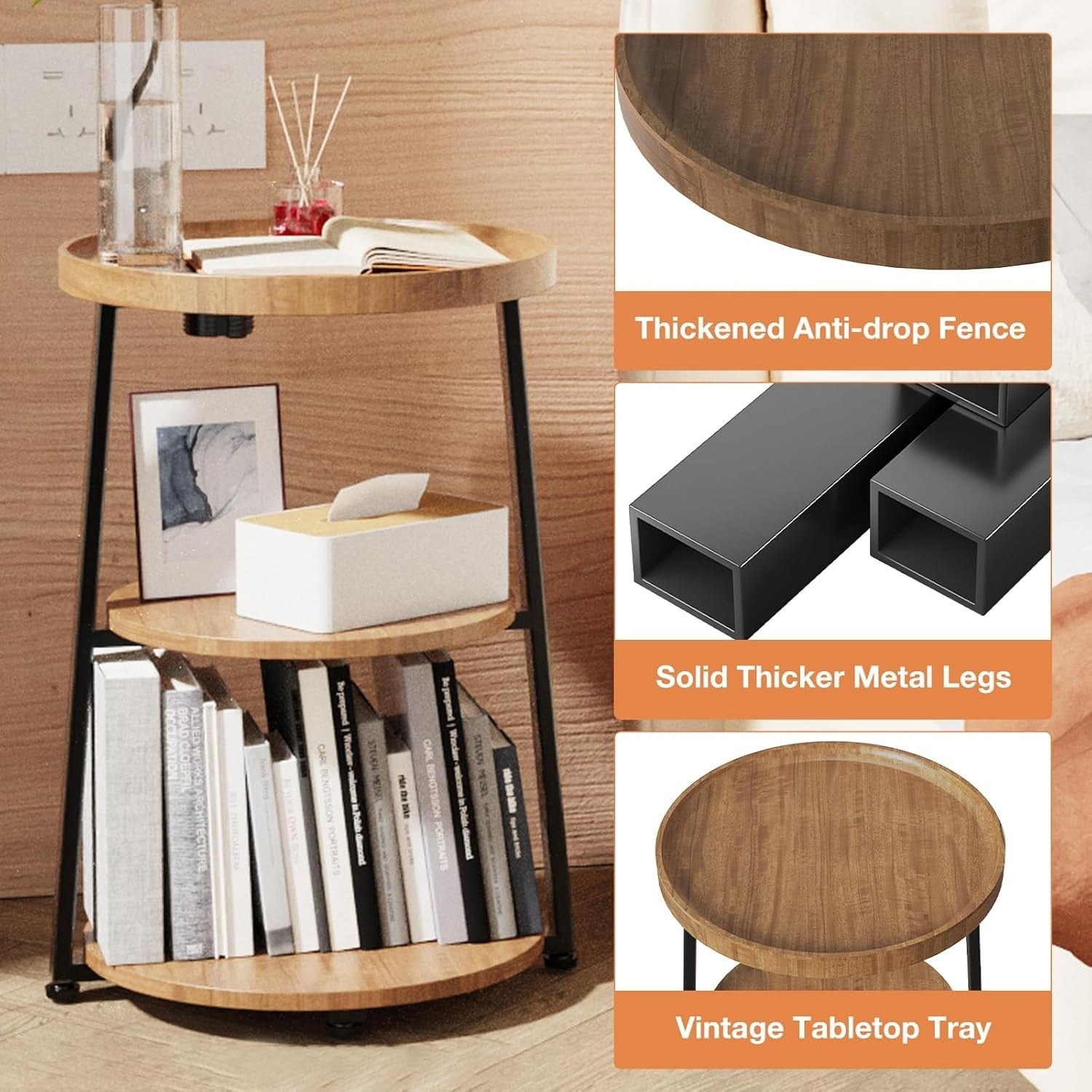 3-Tier Round Rustic Brown Side Table with Charging Station, 40x40x61cm