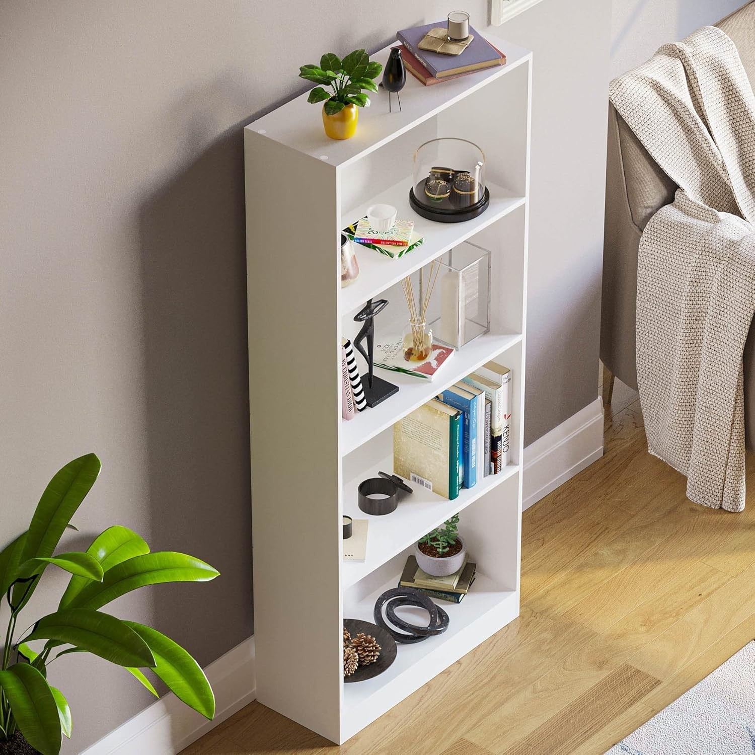 4 Tier White Wooden Bookcase Modern Storage Display Shelf for Living Room