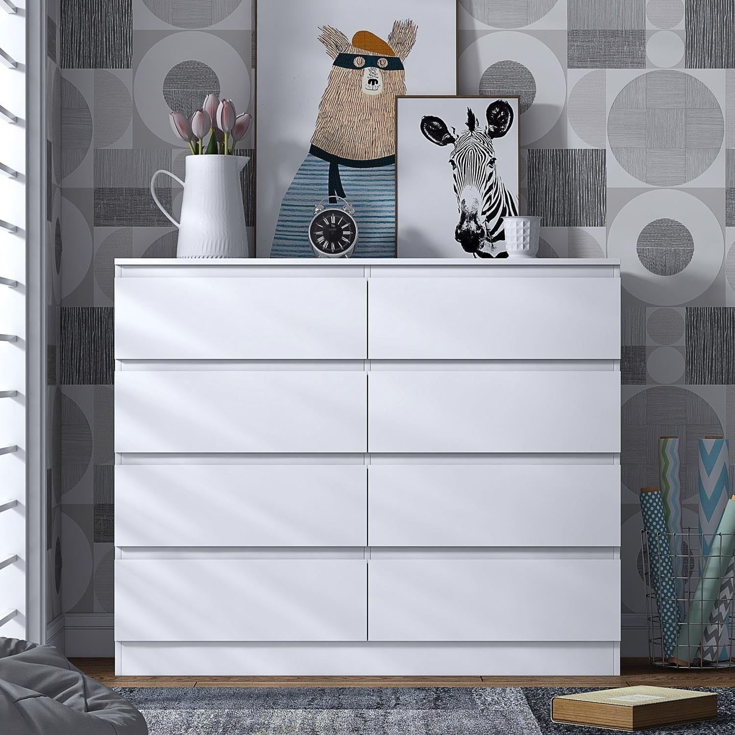Matt White 8 Drawer Chest Modern Wide Storage Unit Scratch Resistant