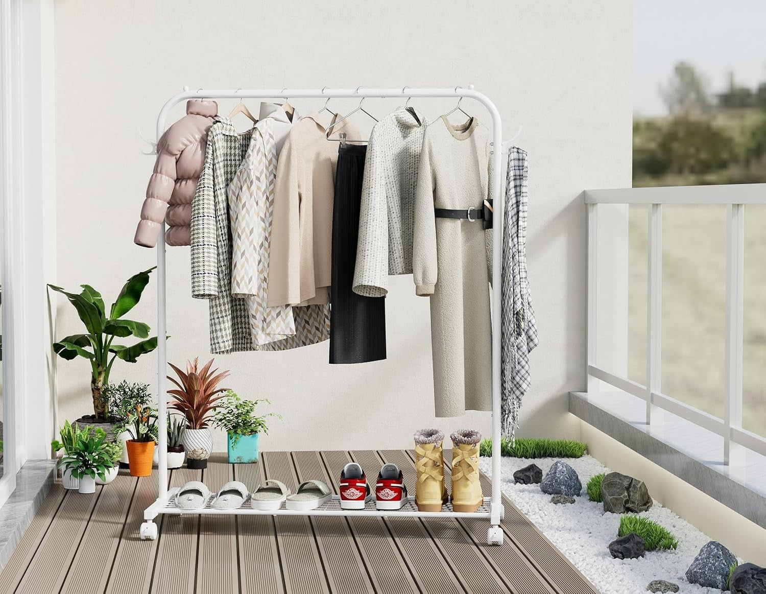 Portable White Clothes Rail 40KG Rack With Wheels Shelf & Hooks