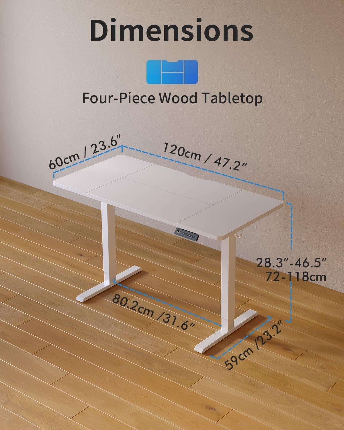 White 120x60cm Electric Standing Desk with Memory Control & Quiet Motor