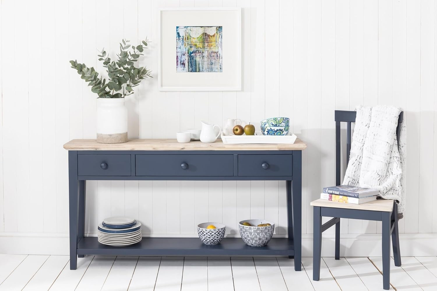 Navy Blue Console Table with Drawers & Shelf, Acacia Top, 143cm Wide
