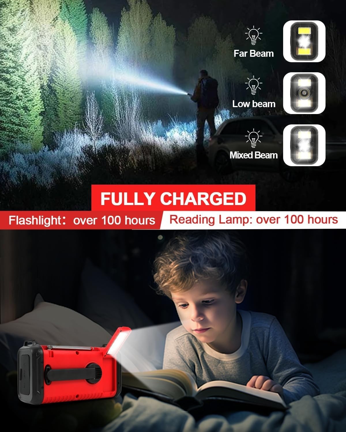 Wind Up Red Solar Emergency Radio with 20000mAh Battery, AM/FM & Flashlight