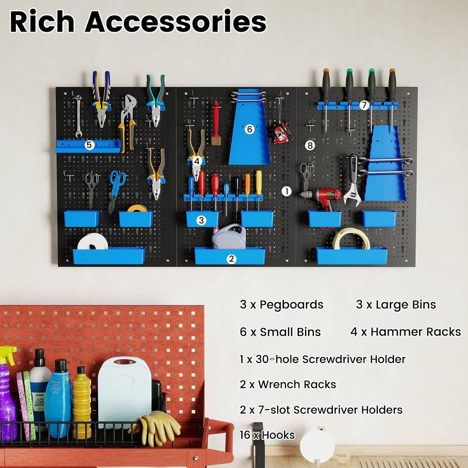 Blue Expandable Metal Pegboard Tool Organizer 3 Boards 34 Accessories