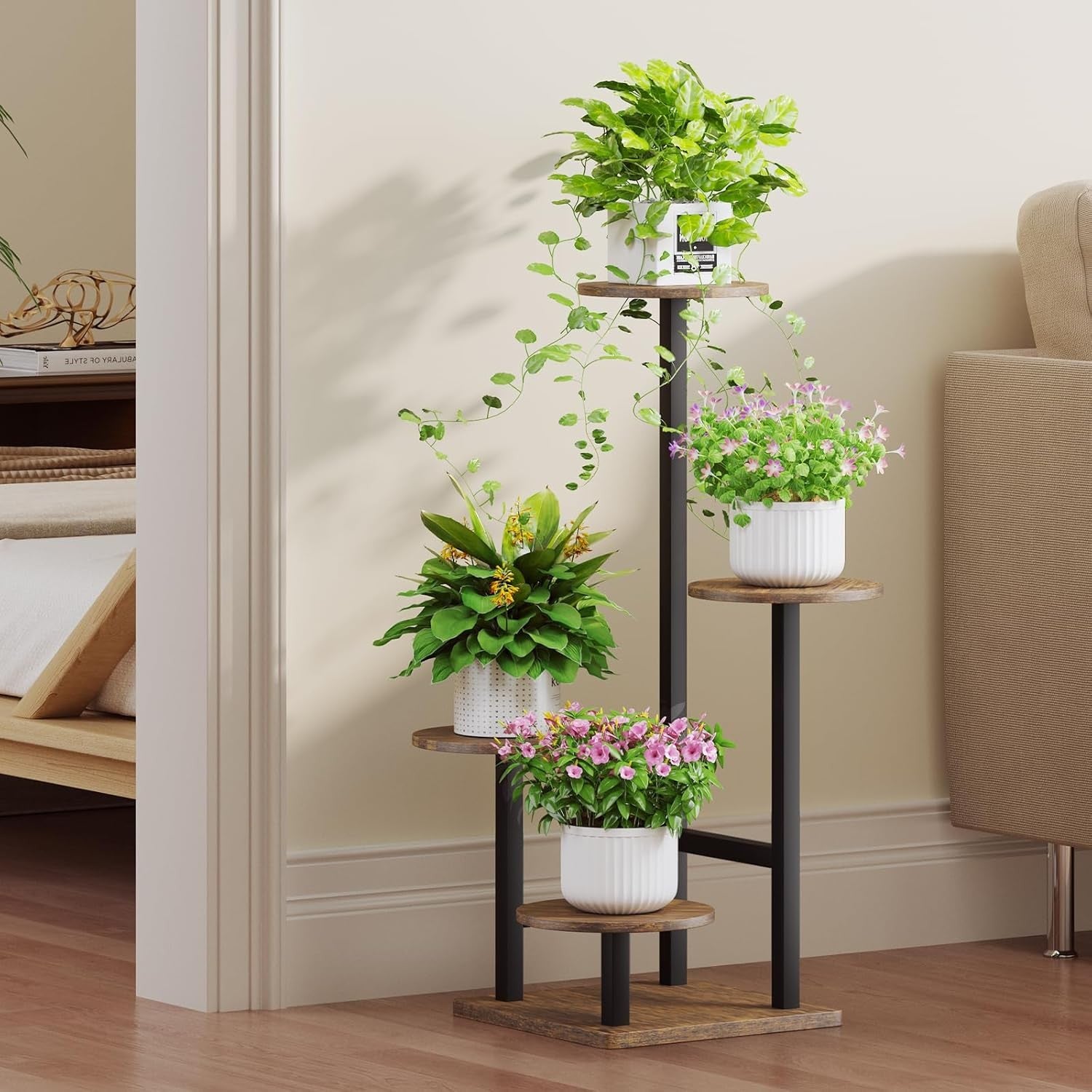 4-Tier Metal Plant Stand with Adjustable Grow Light & Hook | Indoor Corner Shelf