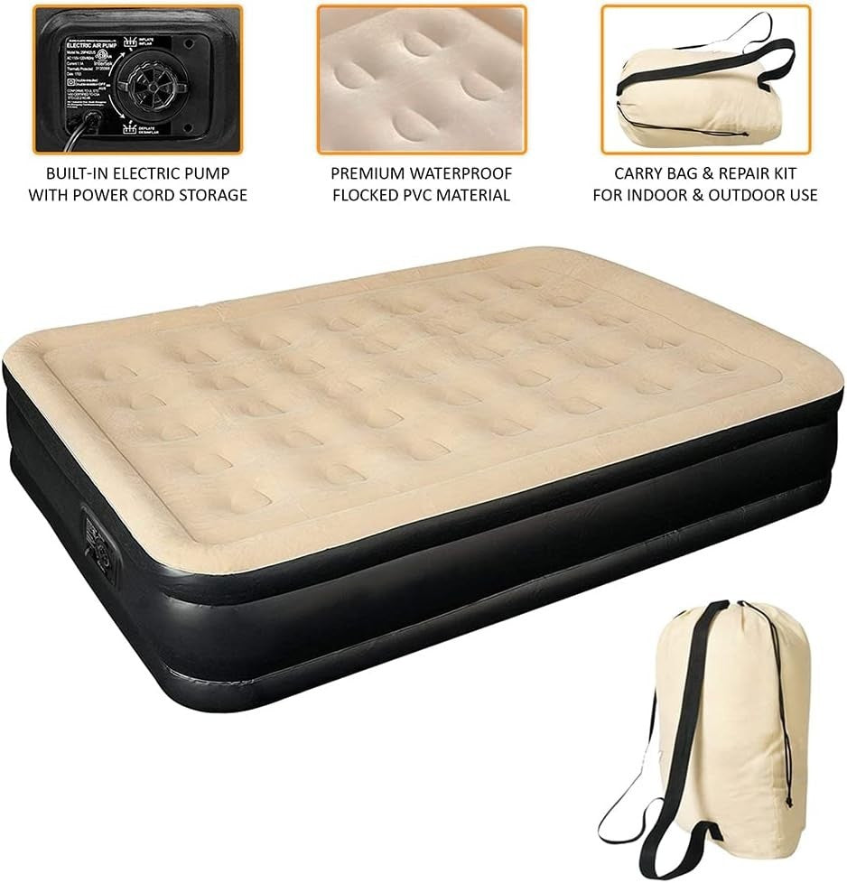 Queen Size Inflatable Air Mattress – Built-In Pump, 3 Min Quick Inflation