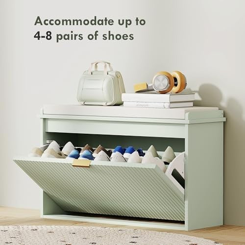Green Shoe Storage Bench with Cushion & Flip Drawer – Modern Hallway Unit