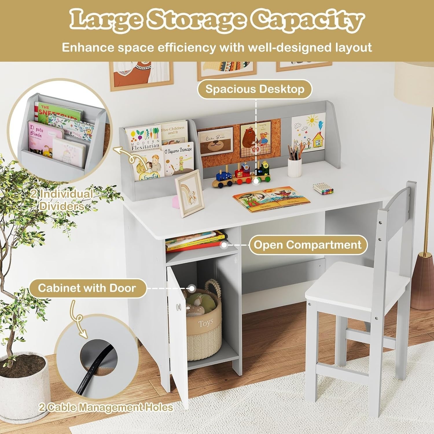Kids Wooden Desk and Chair Set with Storage White Grey Study Table