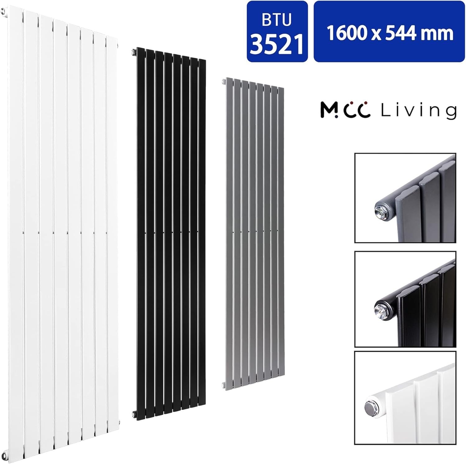 Designer Flat Panel Radiator 1600x544mm Single Black Horizontal Vertical