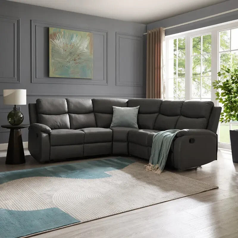 5 Seater Corner Recliner Sofa L-Shaped Grey Faux Leather Lounge Suite
