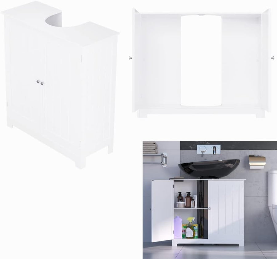 White Under Sink Bathroom Cabinet – Waterproof 2 Door Storage Unit 60x58cm
