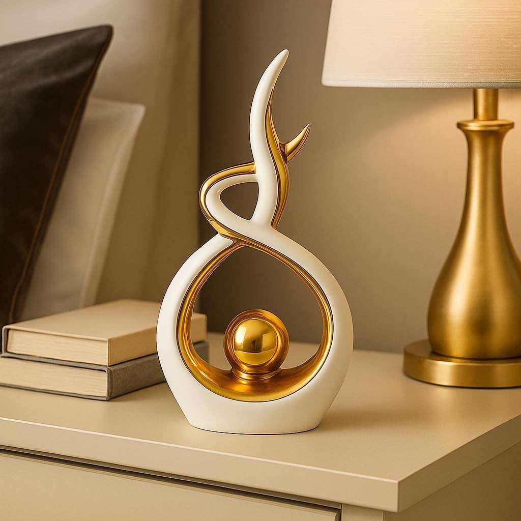 Modern Gold & White Ceramic Abstract Sculpture – Home Decor Ornament for Shelf