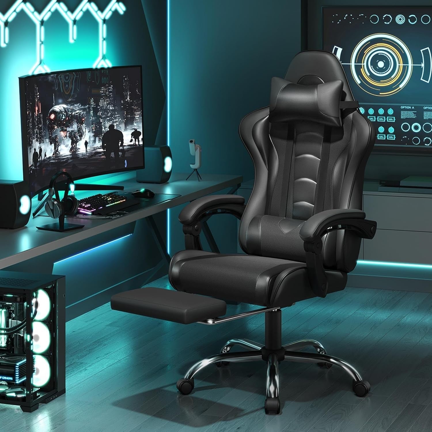 Gaming Chair Recliner w/ Massage Lumbar Pillow, Footrest, Faux Leather PC Seat