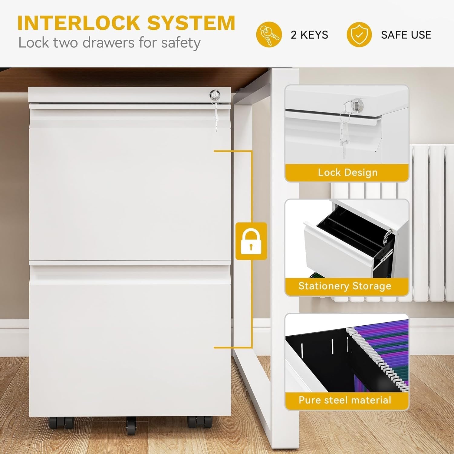 White Mobile Filing Cabinet 2 Drawer Lockable Anti Tip Under Desk