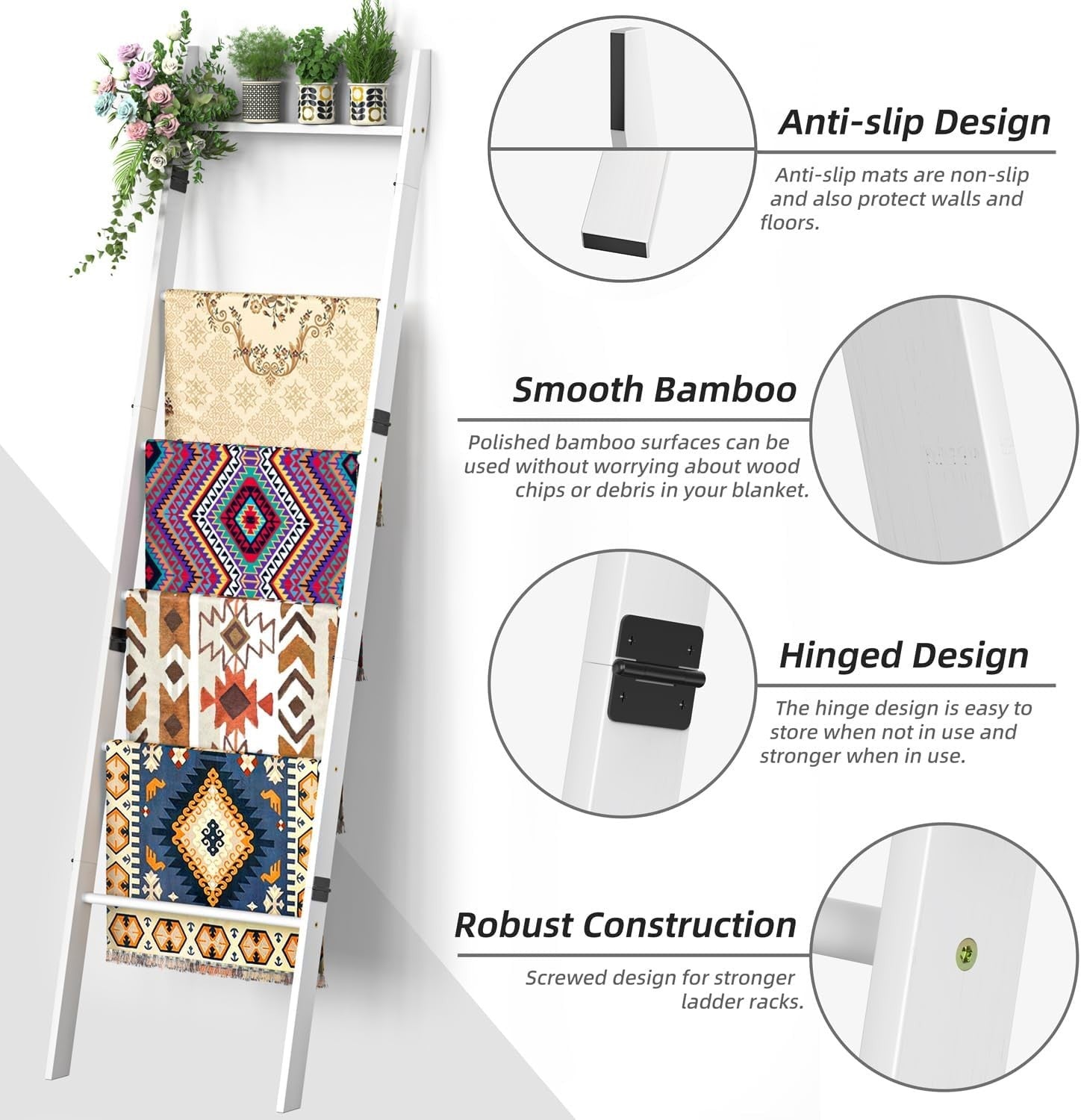 6 Tier Blanket Ladder Bamboo Towel Rack Leaning Storage Shelf White