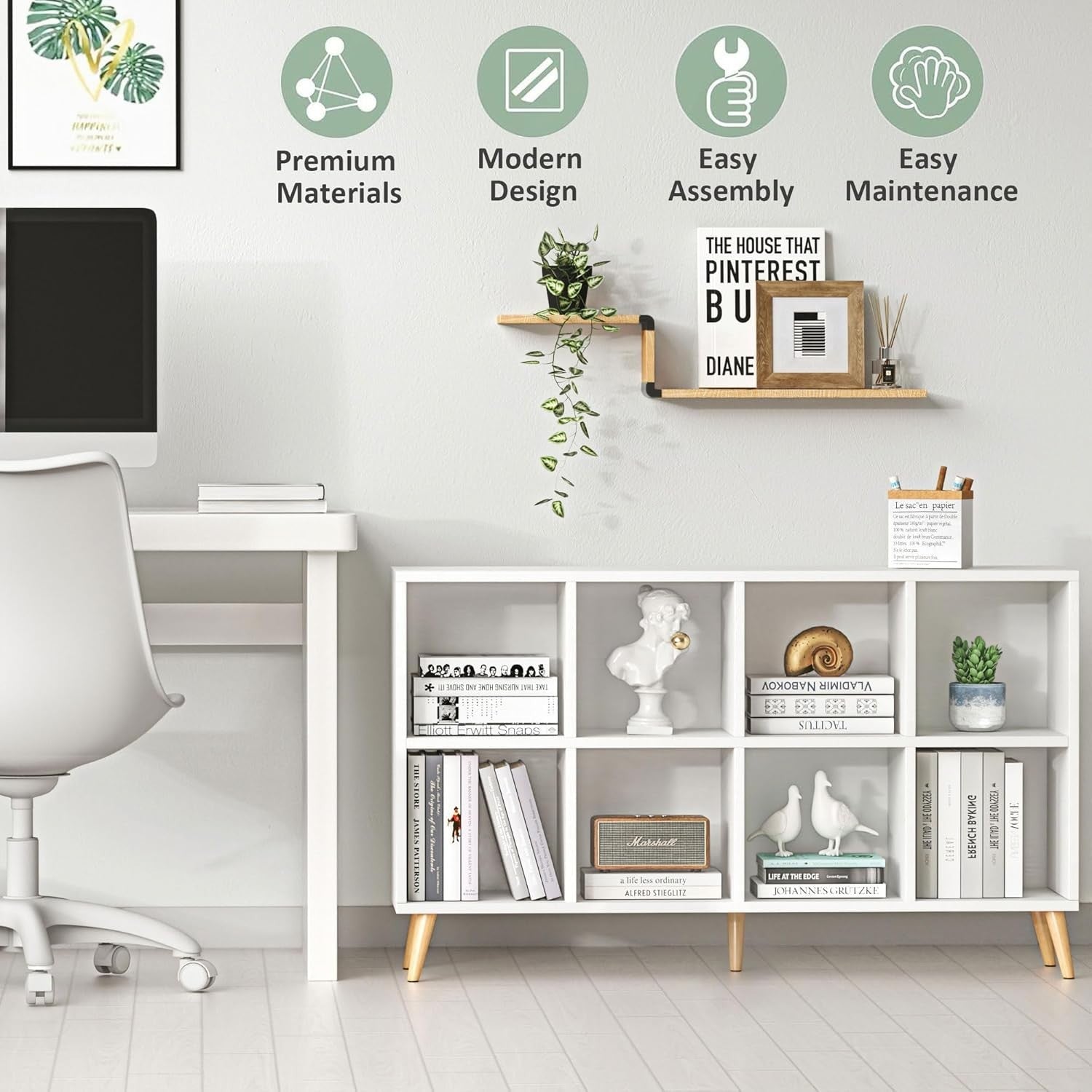 8 Cube Modern Bookcase with Legs White Wooden Storage Shelf 120cm