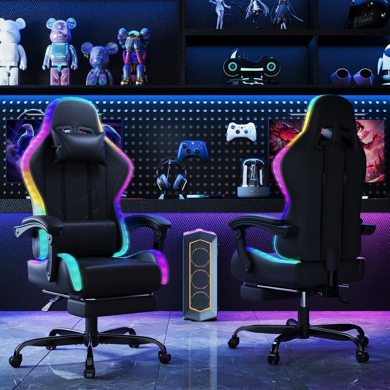 LED Gaming Chair w/ Footrest Massage Reclining RGB Black