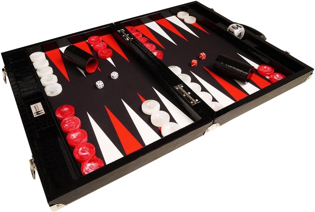 21 Inch Tournament Backgammon Set Black Croco Folding Luxury Board Game
