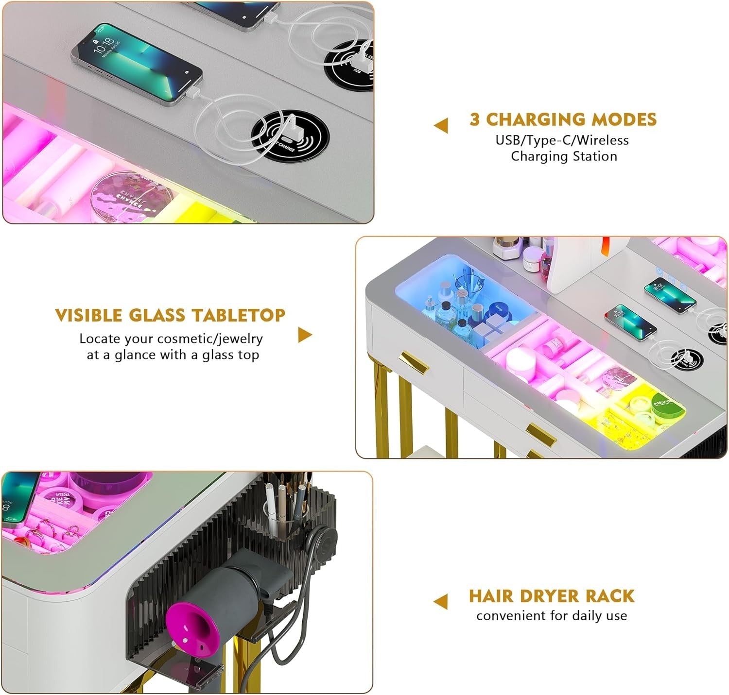 Elegant White Vanity Dressing Table RGB LED Mirror Wireless Charging 3 Drawers
