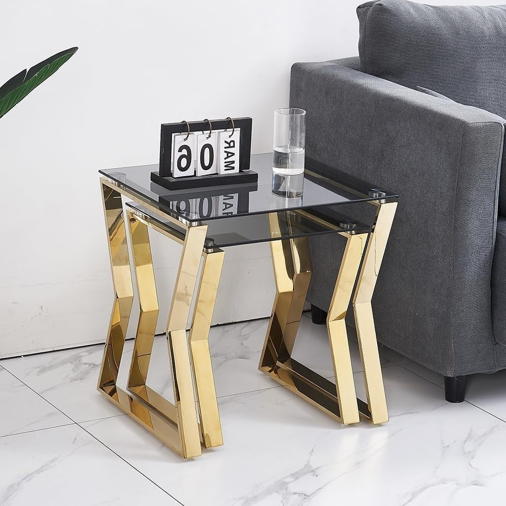 Modern Nesting Coffee Table Set of 2 End Side Stackable Metal Glass Gold