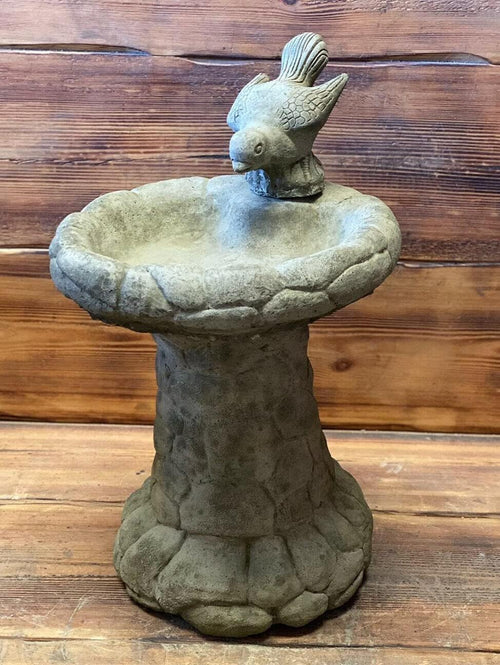 Stone Effect Bird Bath with Leaf Detail & Bird Statue Outdoor Garden Ornament