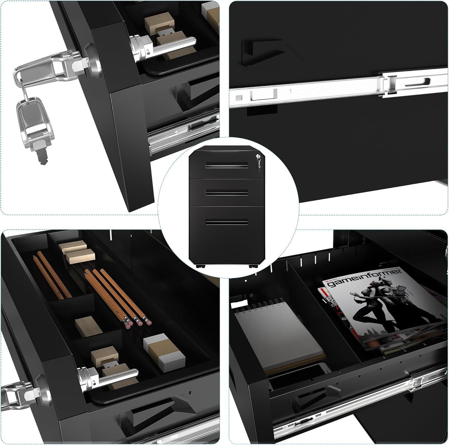 Black Mobile Filing Cabinet 3 Drawer Lockable 64cm Rolling Office