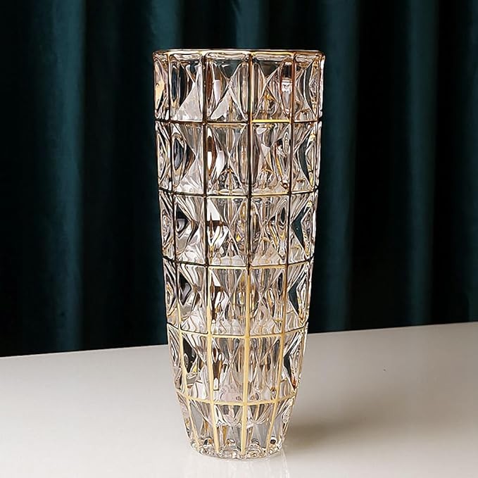 Gold Diamond Cut Glass Vase Tall Luxury Flower Vase for Home Decor