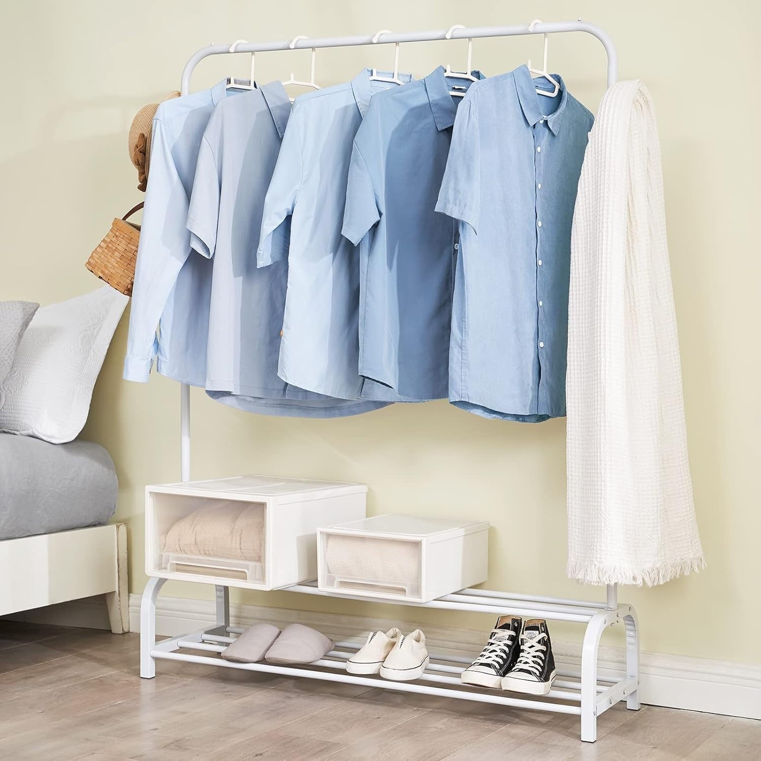 Heavy Duty Clothes Rail with 8 Hooks & Double Shoe Rack – White
