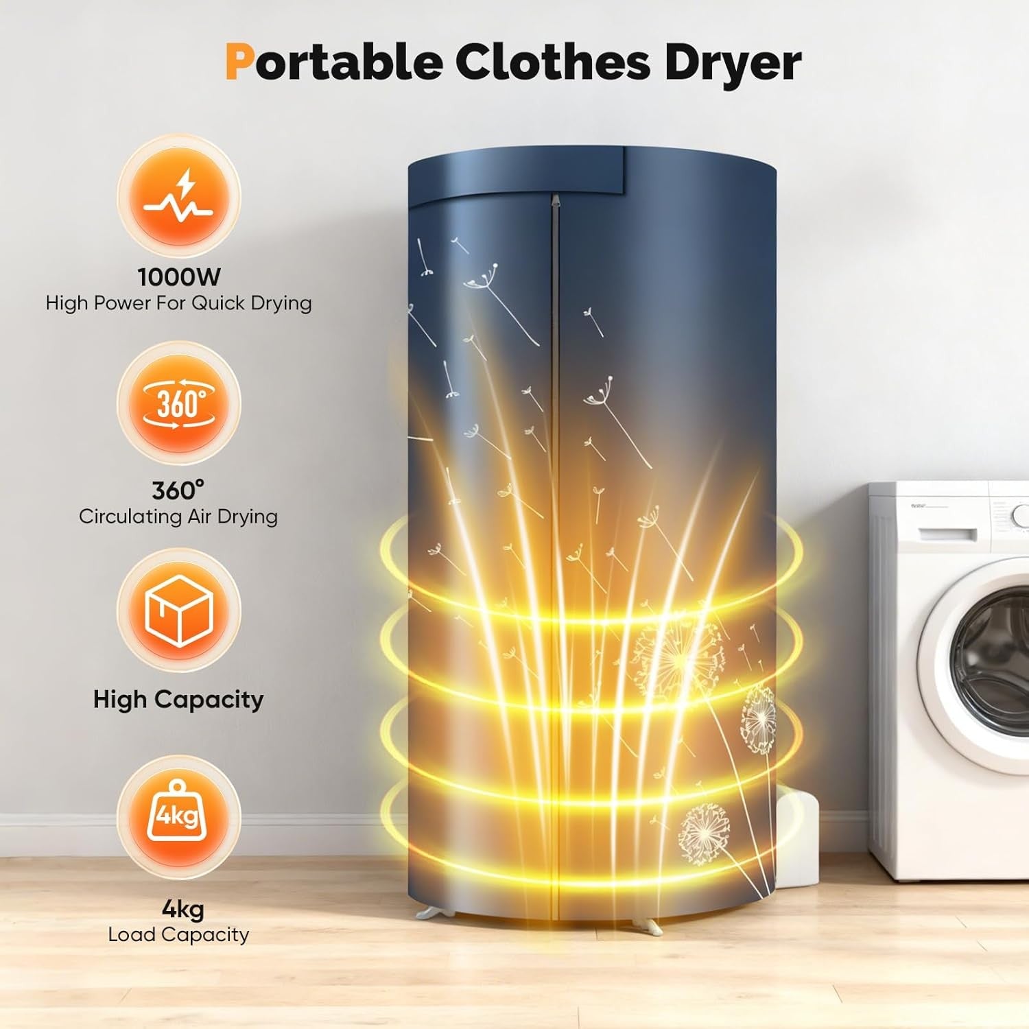 1000W Heated Clothes Airer with Cover Indoor Electric Dryer 8kg Timer 360 Air