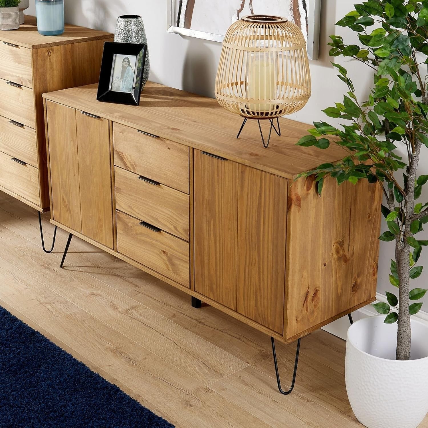 Industrial Sideboard Cabinet Pine 3 Drawers 2 Doors Metal Legs Storage