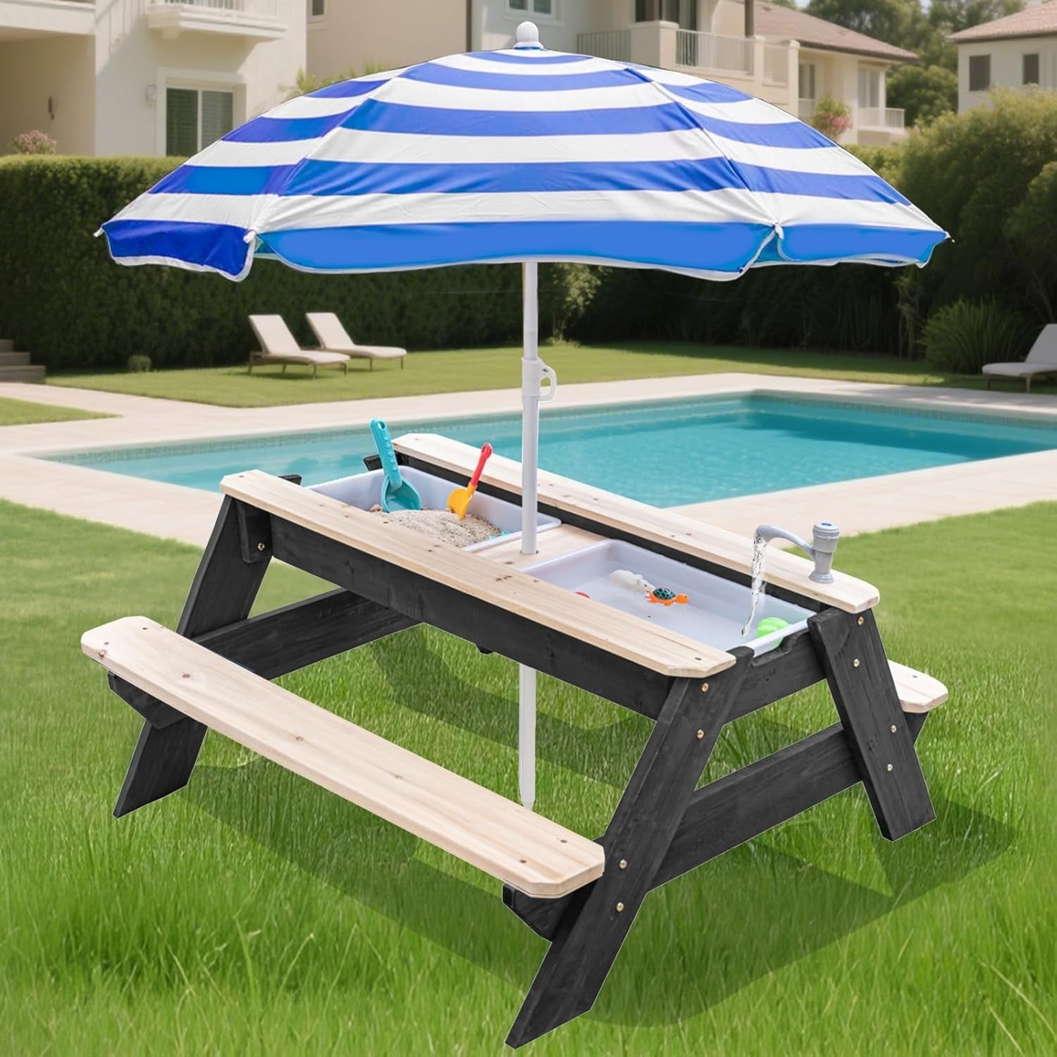 Kids 3in1 Sand & Water Activity Table Wooden Outdoor Picnic Table w/ Umbrella