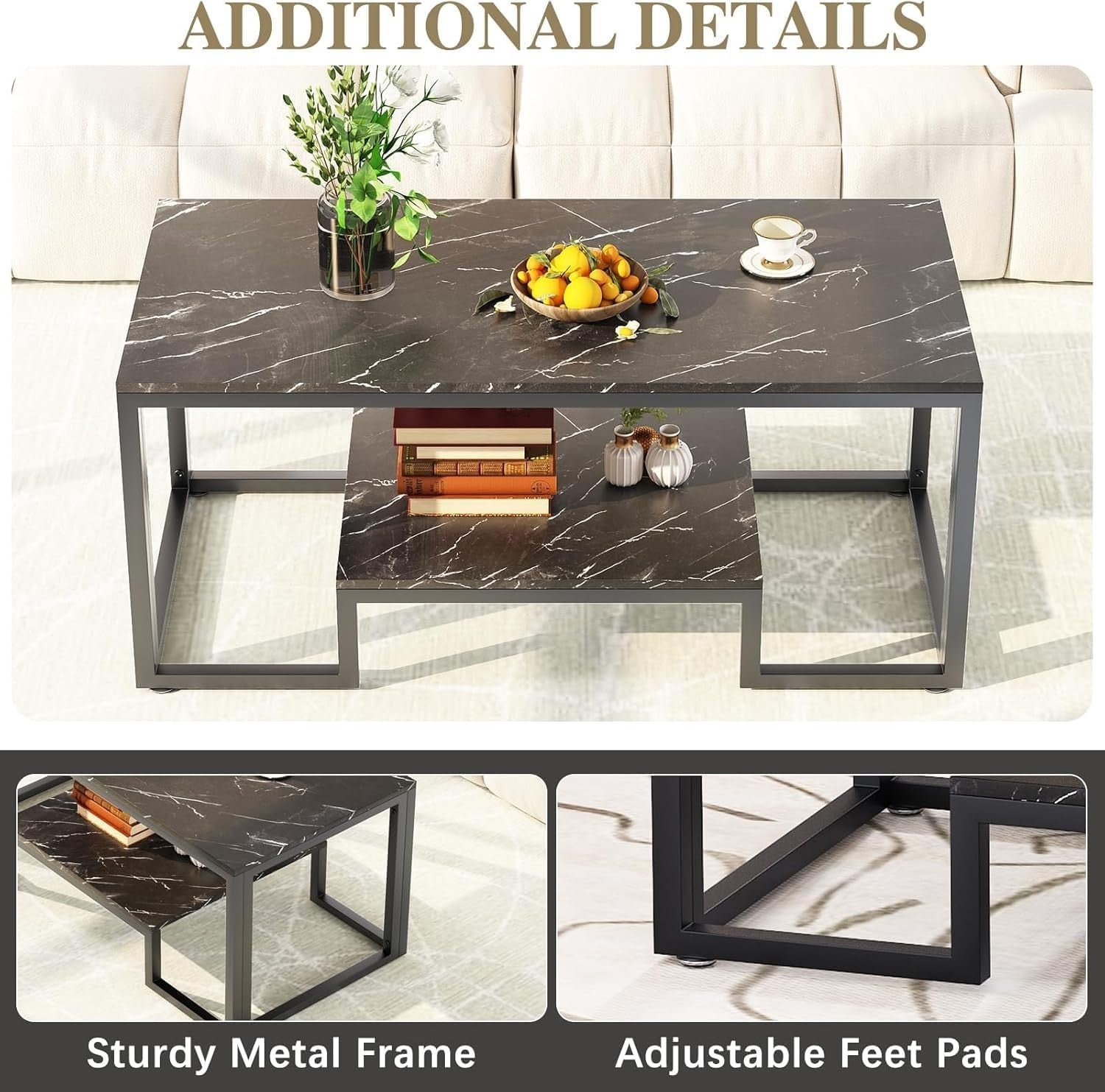 Black Marble Coffee Table with Storage – Modern 2-Tier Metal Frame 100cm