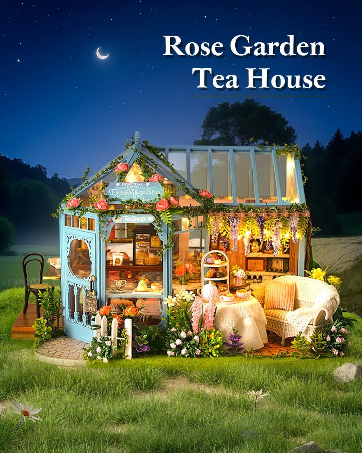 DIY Book Nook Kit Rose Garden Tea House LED Miniature Bookend Decor