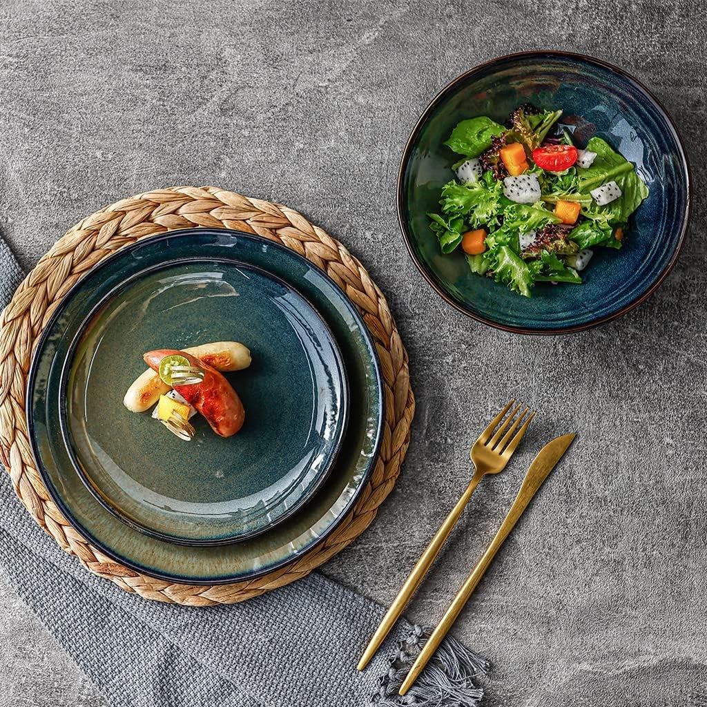 Mediterranean Ceramic Dinnerware Set 12 Piece Blue Green Gold Plates Bowls