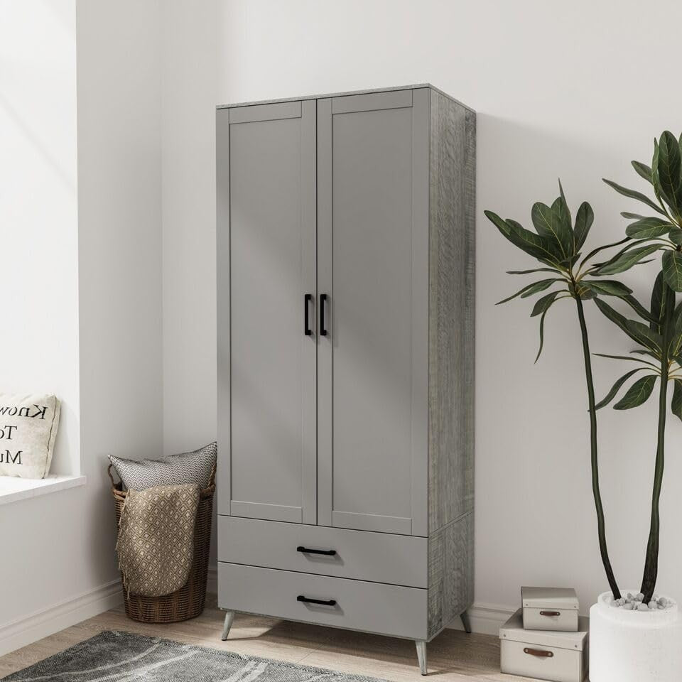 Grey 2 Door Wardrobe with Drawers & Rail – Modern Tall Bedroom Storage