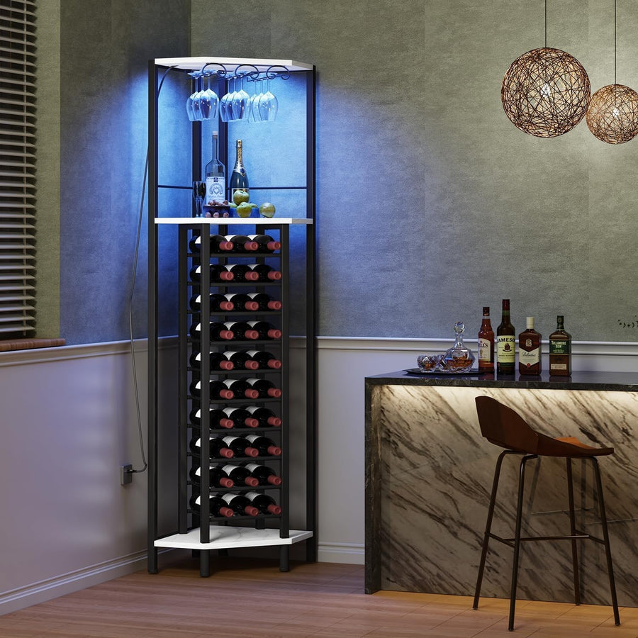 Corner Wine Bar Cabinet with LED Light, Glass Holder & 20 Bottle Storage Rack