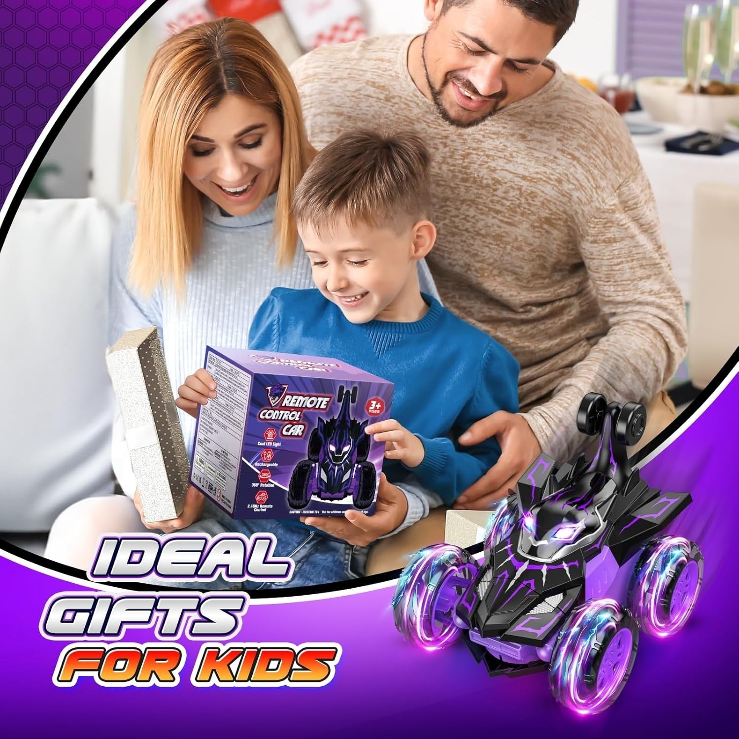 360° Flip RC Car for Kids 3-9 – All-Terrain Remote Control Toy w/ Lights, USB